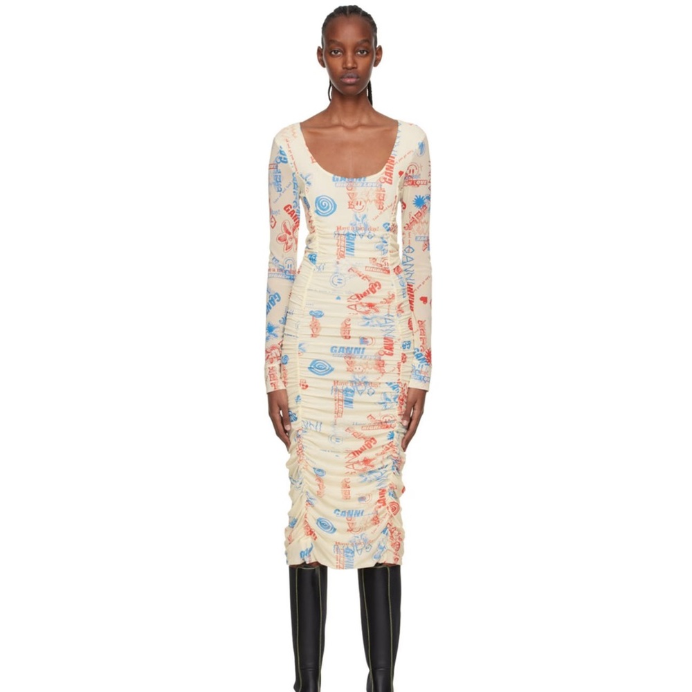 Ganni Off-White Recycled Nylon Midi Dress